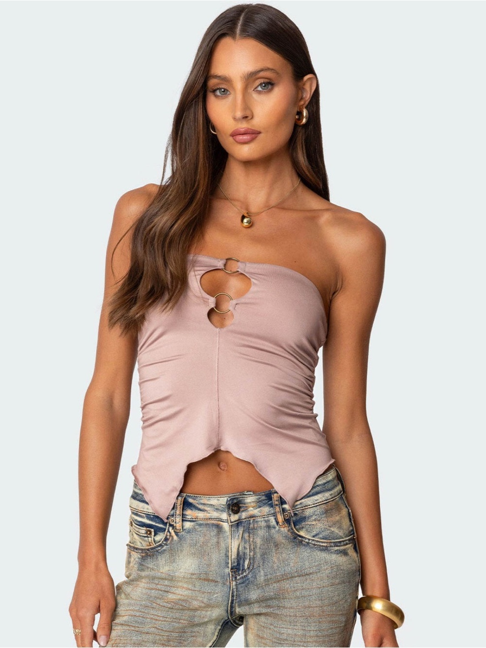 Edikted Strapless Pink and Gold Ring-Detail Ruched Cami Top in Dusty Rose